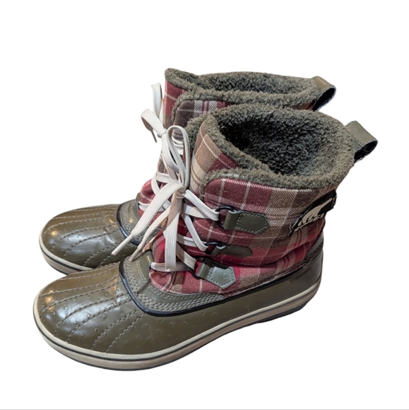 Sorel Green Red Plaid Tivoli Waterproof Sherpa Lined Boots Size 9 - Picture 1 of 9